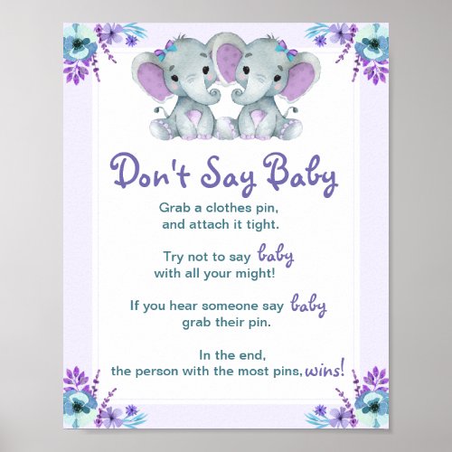 Twin Elephants Dont Say Baby Girl Shower Game Poster