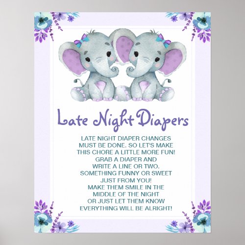 Twin Elephants Late Night Diapers Baby Shower Game Poster