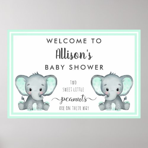 Twin Elephants Mint Baby Shower Welcome Poster
