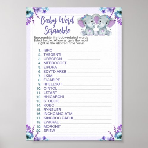 Twin Elephants Word Scramble Baby Shower Game Poster