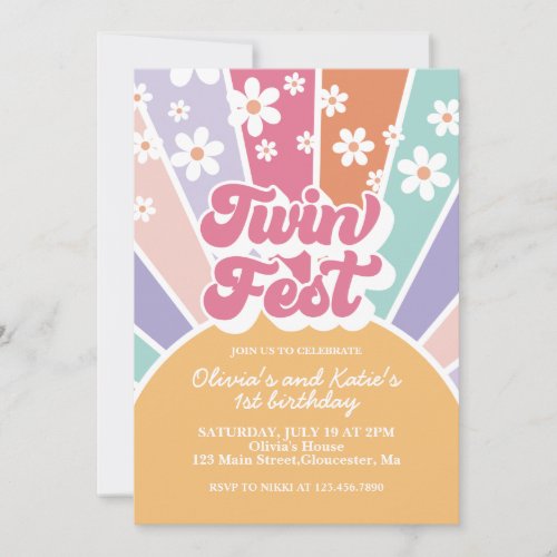 Twin Fest Rainbow Sunshine Daisy 1st Birthday Invitation