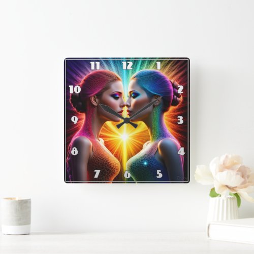 Twin Figures in Colorful Light Embrace Square Wall Clock