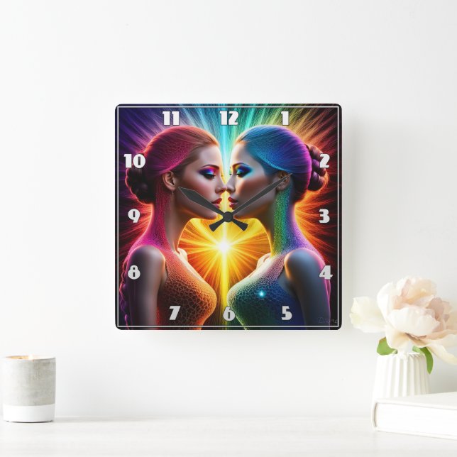 Twin Figures in Colorful Light Embrace Square Wall Clock (Home)