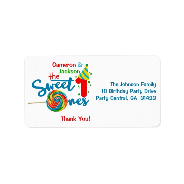 Twin First Birthday Thank You Return Address Label (Front)