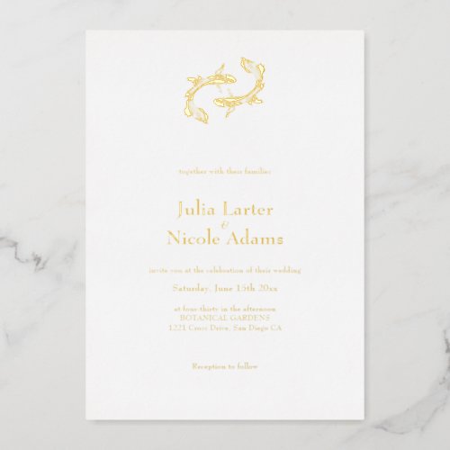 Twin Fish Love Calligraphic Minimalist Wedding Foil Invitation