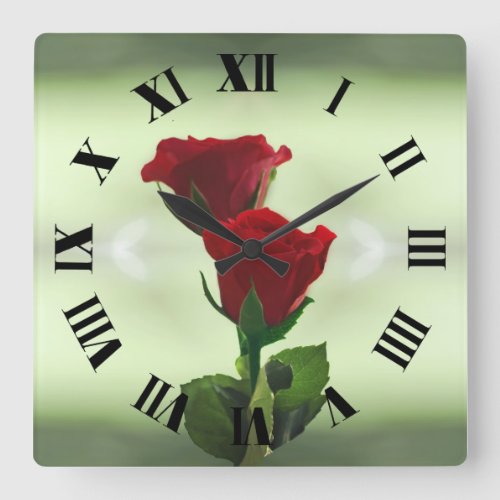 Twin Flame red roses roman numerals Square Wall Clock