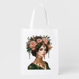 Twin Flower Ladies | Elegant Floral Art Back T-Shi Grocery Bag