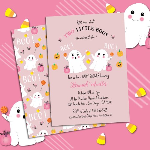 Twin Ghosts Halloween Baby Shower Pink Invitation