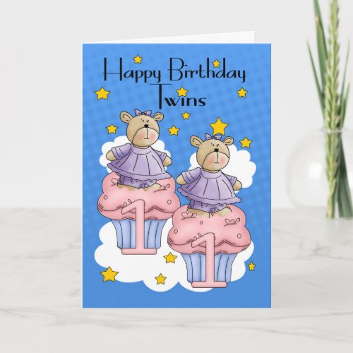 Twin Girl 1st Birthday Card With Cupcake Bears Card