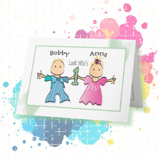 Twin Girl and Boy 1st Birthday Personalized Card