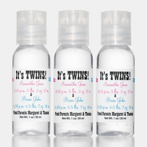 Twin Girl and Boy Birth Stats Hand Sanitizer