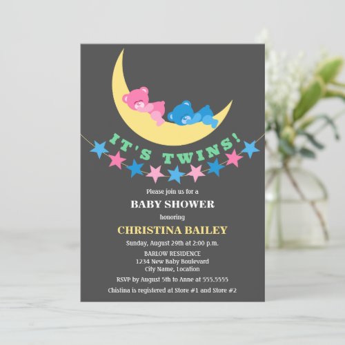 Twin Girl and Boy Teddy Bear Baby Shower Custom Invites