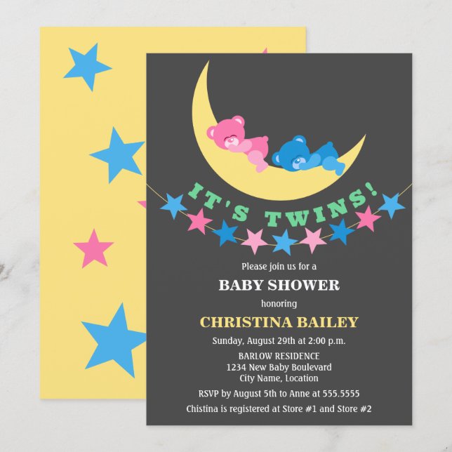 Twin Girl and Boy Teddy Bear Baby Shower Invitation (Front/Back)