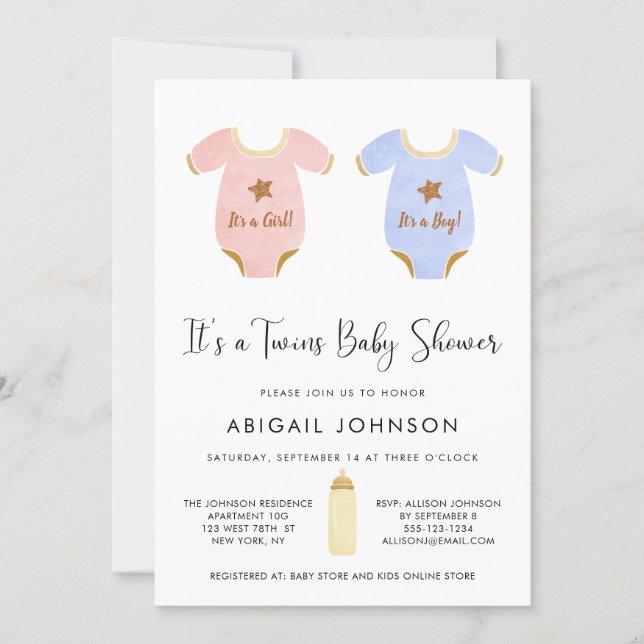 Twin Girl and Boy Watercolor Retro Baby Shower Invitation (Front)