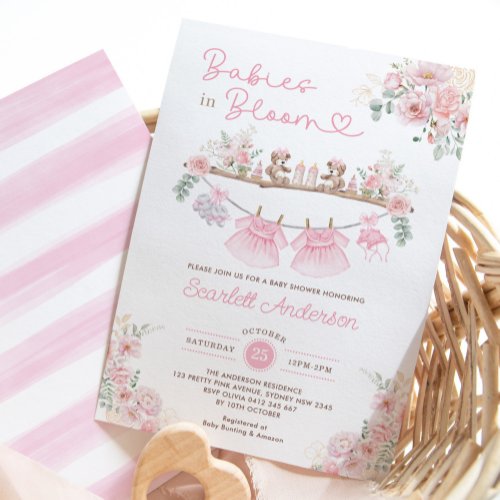 Twin Girl Baby Clothes Pink Floral Baby Shower Invitation