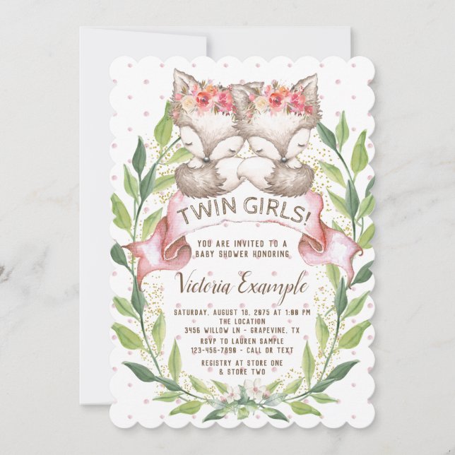 Twin Girl Baby Fox Baby Shower Invitations (Front)