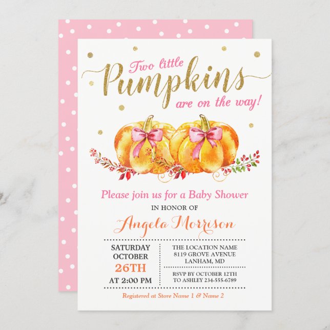 Twin Girl Baby Shower Cute Pink Little Pumpkin Invitation (Front/Back)