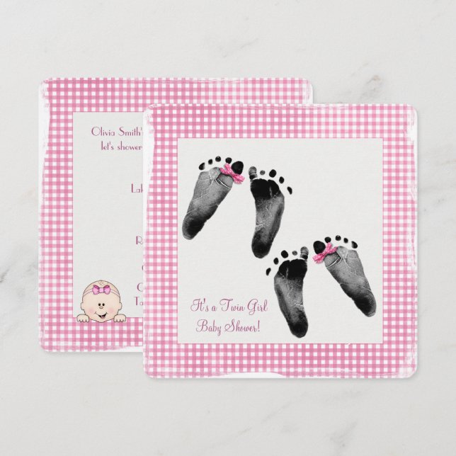 Twin Girl Baby Shower with footprints Invitation (Front/Back)