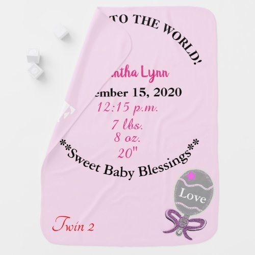 Twin Girl Birth Stats Pink Rattle Blanket