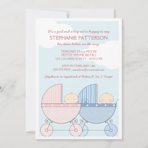 Twin Girl &amp; Boy Carriage Happy Baby Shower Announcement