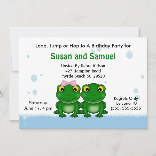 Twin Girl Boy  (Frogs) Birthday Party Invitations (Front)