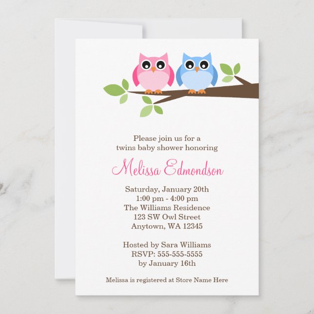 Twin Girl Boy Owls Tree Branch Baby Shower Invitation (Front)