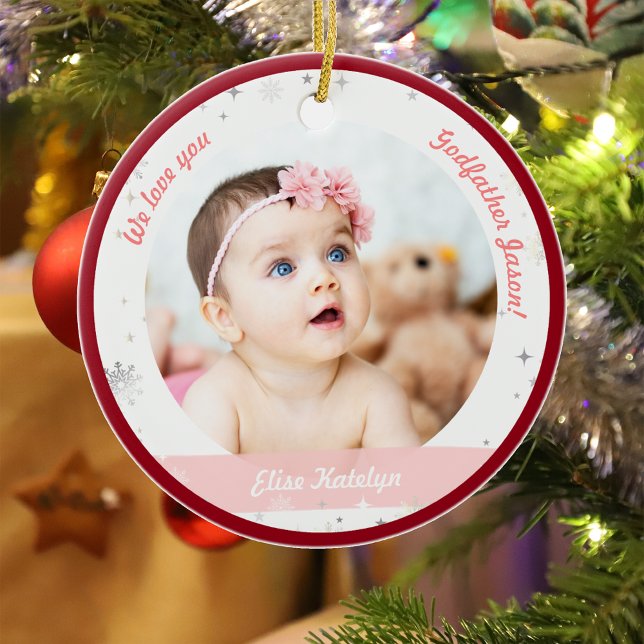 Twin Girl Boy Photo Godfather First Christmas Baby Ceramic Ornament (Modern Elegant Cute First Christmas Baby Twins Girl Boy We love you Godfather Snowflakes Stars Red)
