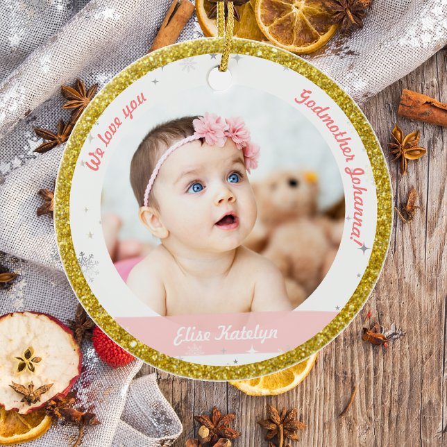 Twin Girl Boy Photo Godmother First Christmas Baby Ceramic Ornament (Modern Elegant First Christmas Baby Twin Girl Boy We love you Godmother 2 Photos Snowflakes Golden )