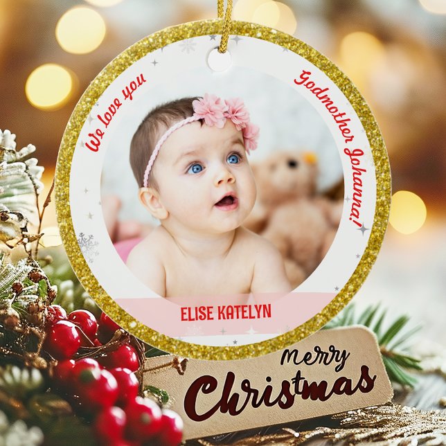 Twin Girl Boy Photo Godmother First Christmas Baby Ceramic Ornament (Modern Elegant Cute We love you, Godmother 1st Christmas Twins Girl Boy 2 Photos Golden Faux Glitter)