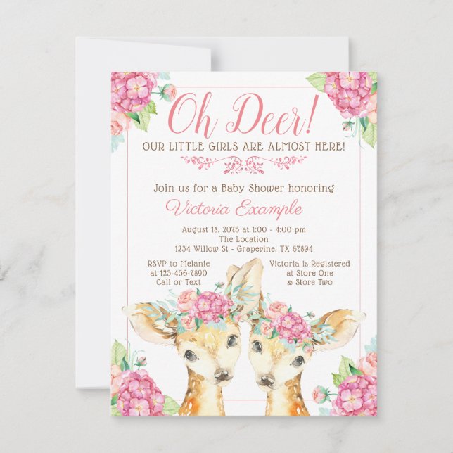 Twin Girl Deer Baby Shower Invitations (Front)