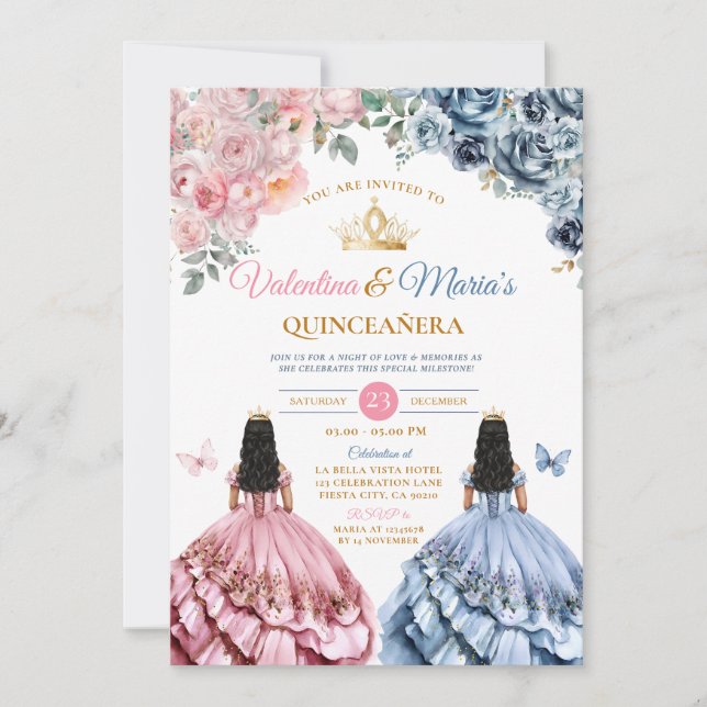 Twin Girl Dress Quinceañera 15 Anos Flowers Gold Invitation (Front)