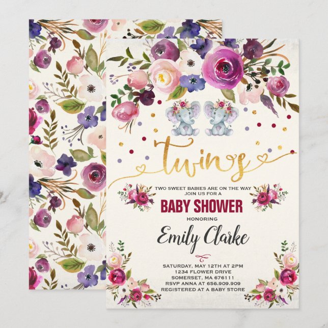 Twin Girl Elephant Baby Shower Invitation (Front/Back)