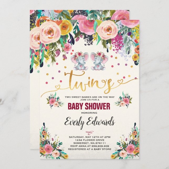 Twin Girl Elephant Baby Shower Invitation (Front/Back)