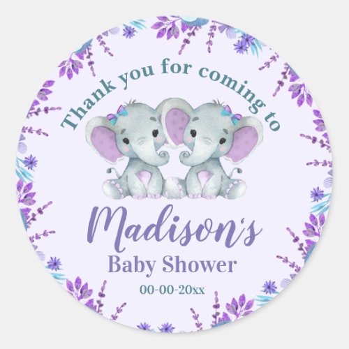 Twin Girl Elephant Baby Shower Label StickerFloral