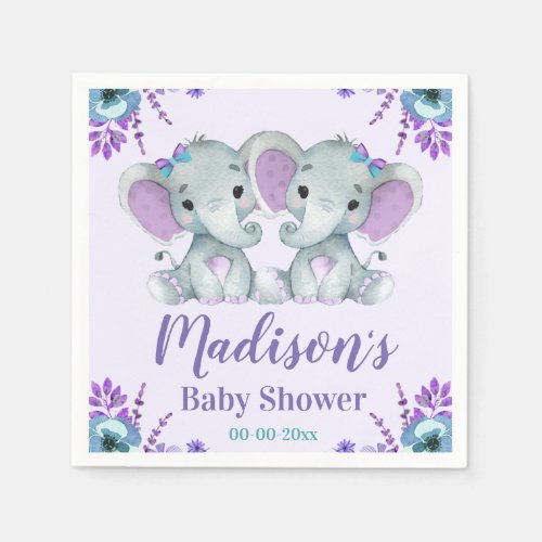 Twin Girl Elephant Baby Shower Napkins Floral