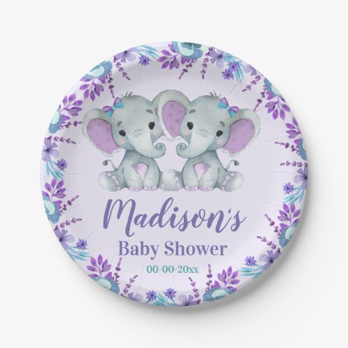 Twin Girl Elephant Baby Shower Paper Plates Floral
