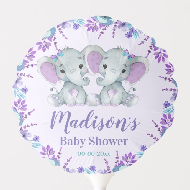 Twin Girl Elephant Baby Shower Paper Plates Floral Balloon (Front)