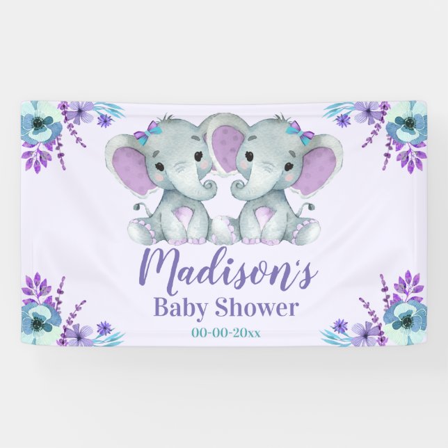 Twin Girl Elephant Banner Sign Backdrop Over Table (Horizontal)