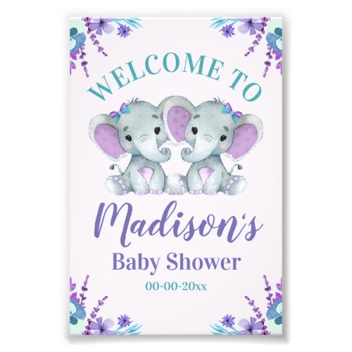 Twin Girl Elephant Welcome Sign Girl Shower Floral