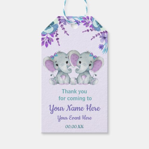 Twin Girl Elephants Thank You Tag Rustic Flowers