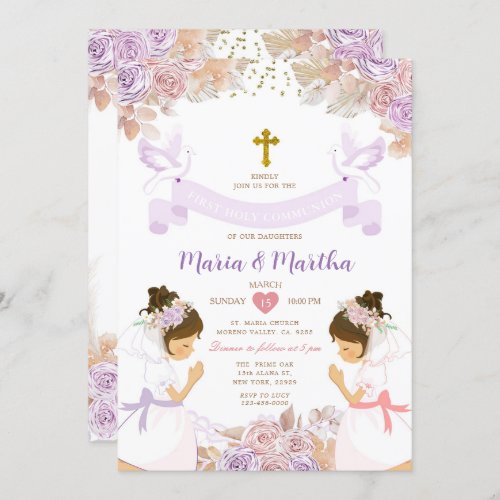 TWIN Girl First Holy Communion Purple Pink Floral Invitation