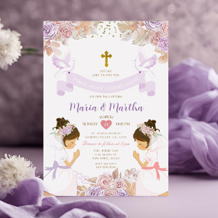 TWIN Girl First Holy Communion Purple Pink Floral Invitation