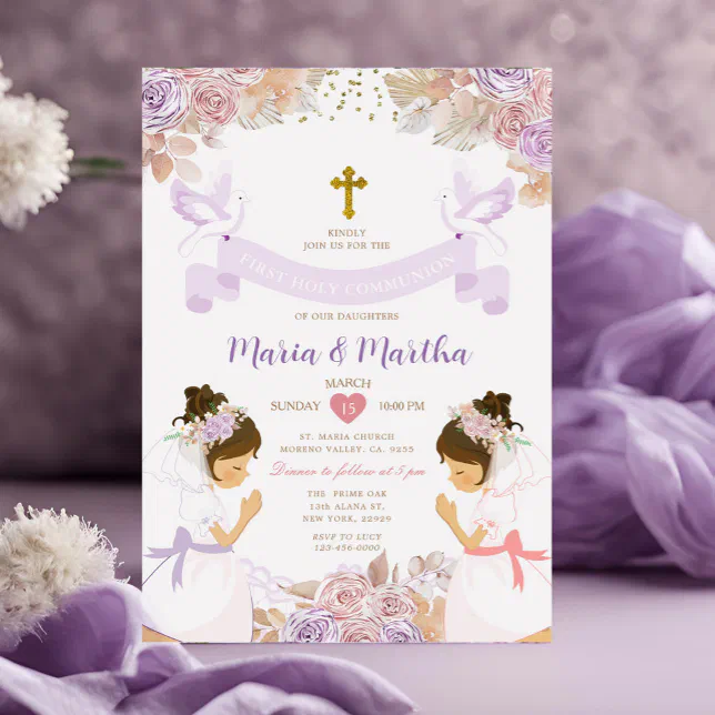 TWIN Girl First Holy Communion Purple Pink Floral Invitation | Zazzle