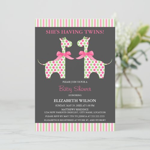 Twin Girl Giraffe Baby Shower Personalized Announcements