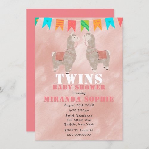 Twin Girl Llamas Baby Shower Invitations 