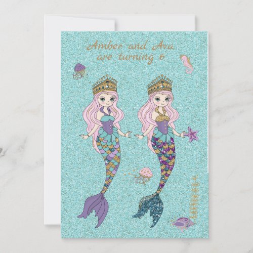 Twin Girl Mermaid Birthday Party Invitations