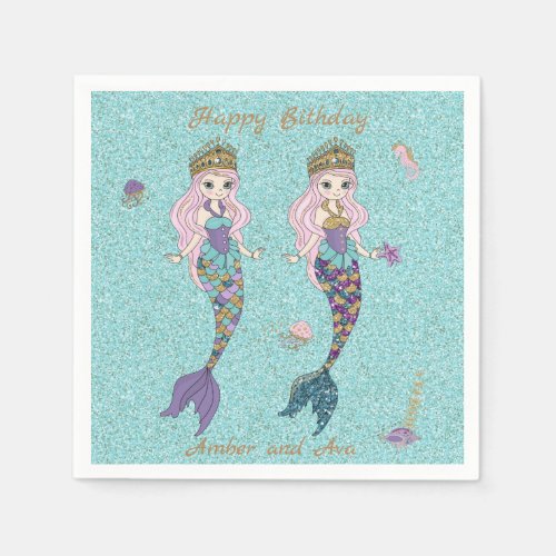 Twin Girl Mermaid Birthday Party Napkins