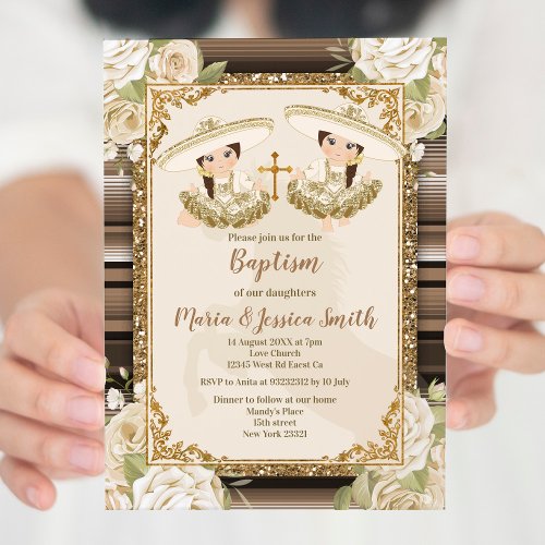  Twin Girl Mexican Baptism Fiesta Floral Invitation