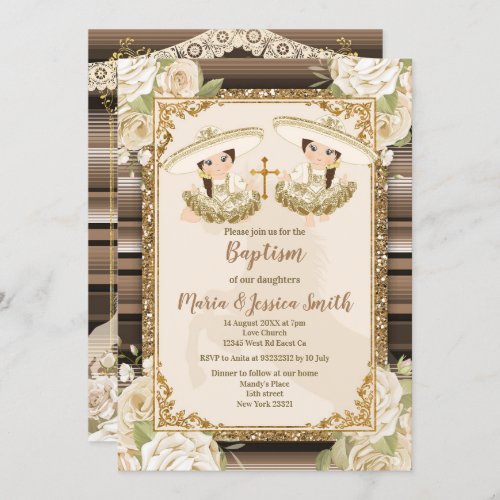  Twin Girl Mexican Baptism Fiesta Floral Invitation