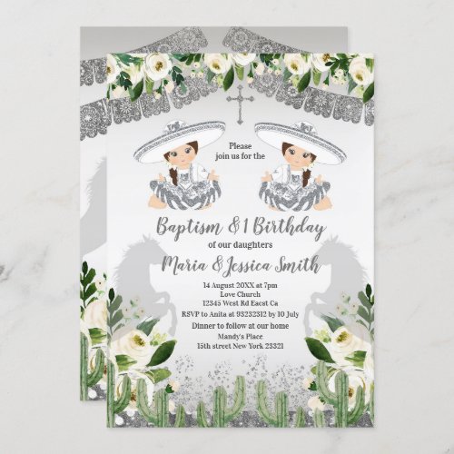  Twin Girl Mexican Silver Baptism and Birthday Invitation